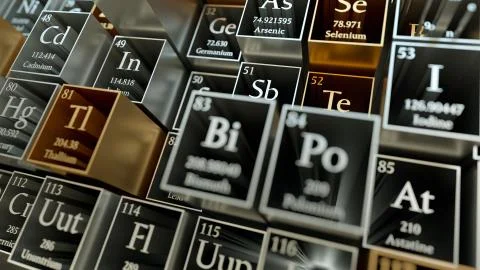 Periodicacle table of elements. Mendeleev`s table fragment. Metal material. Stock Illustration