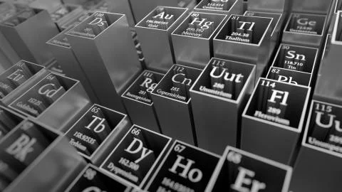Periodicacle table of elements. Mendeleev`s table fragment. Metal material. Stock Illustration