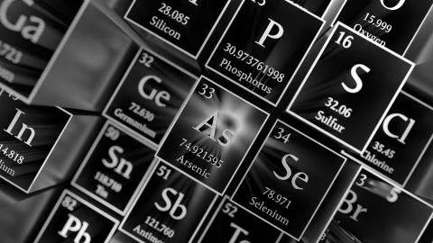 Periodicacle table of elements. Mendeleev`s table fragment. Metal material. Stock Illustration