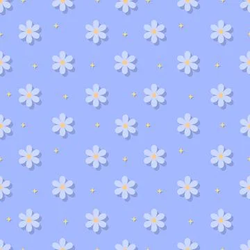Periwinkle blue floral seamless pattern with drop shadow and stars Stock Illustration