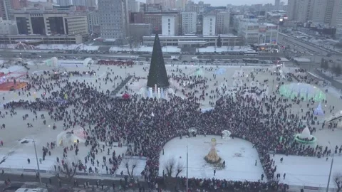 Perm city winter carnavale crowd copter Stock Footage 90060129