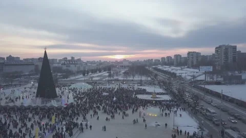 Perm square sunset winter copter Stock Footage 90056398