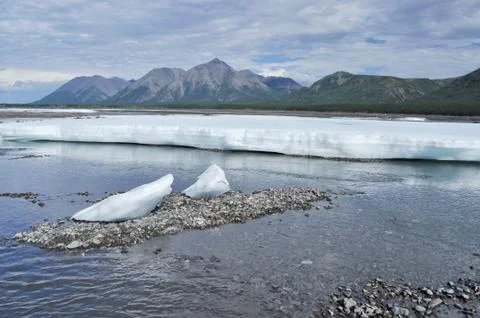 The permanent ice fields in the tideway of the Yakut river. Stock-Fotos