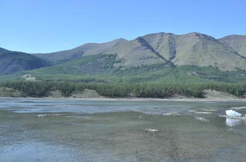 The permanent ice fields in the tideway of the Yakut river. Stock-Fotos