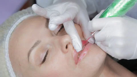 Permanent lip makeup procedure in progress, beautician in gloves applying Stock Footage 308496053