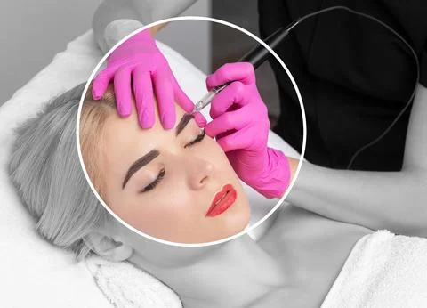 Permanent make-up for eyebrows of beautiful blonde woman in beauty salon. C.. Stock Photos