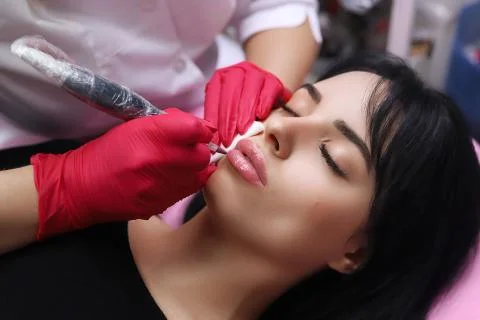 Permanent Make-up on her Lips. Stock Photos