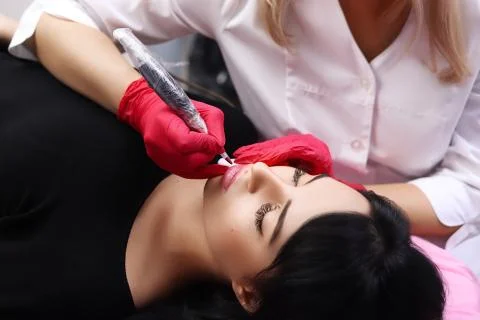 Permanent Make-up on her Lips. Stock-Fotos