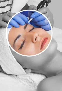 Permanent make-up for red Lips of beautiful woman in beauty salon. Closeup .. Stock Photos