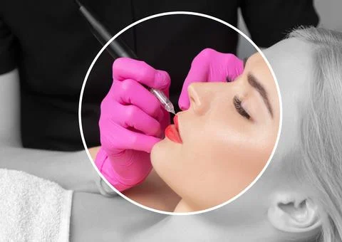 Permanent make-up for red Lips of beautiful blonde woman in beauty salon. C.. Stock Photos