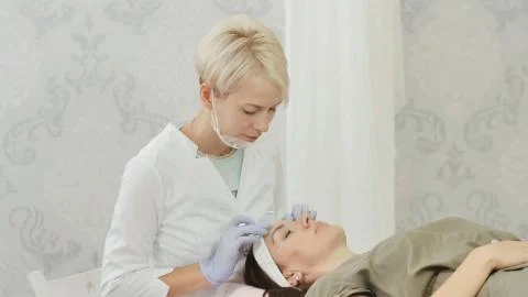 Permanent makeup. Permanent tattooing of eyebrows. Cosmetologist applying Stock Photos
