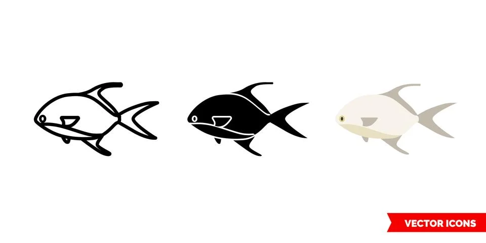 Permit fish icon of 3 types color, black and white, outline. Isolated vector  Stock Illustration