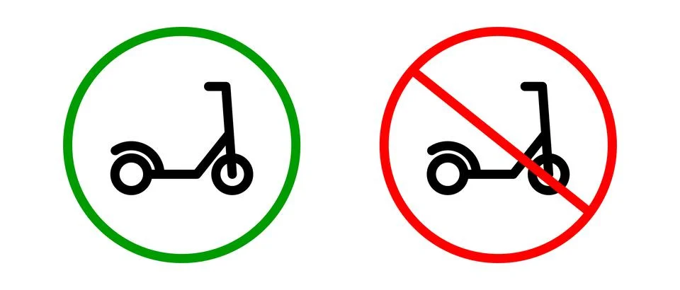 Permitted and prohibited use of electric scooters sign icon set. Vector. Stock Illustration
