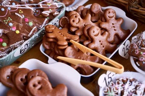 Pernicky, traditional Chezch gingerbread man cookies on a sale in Prague Stock Photos