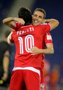Perotti(L) &amp; Navarro(R) of Sevilla Stock Photos