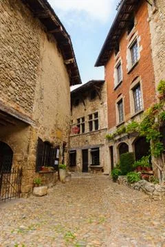 Perouges, France, a medieval walled town, a popular touristic attraction. Stock Photos