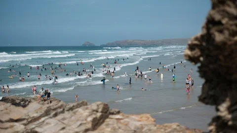 Perranporth, Cornwall, UK - 2 sept 2024 - swimmers in the sea Stock Footage 283457783