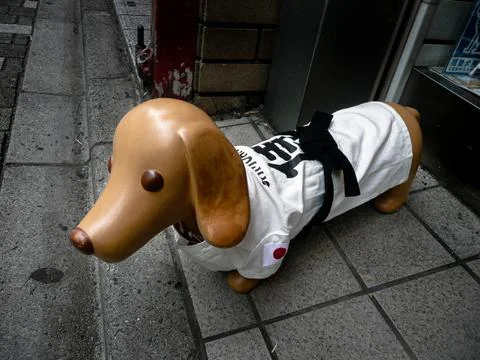 Perro de madera con disfraz de kimono -  wooden dog with kimono costume Stock Photos