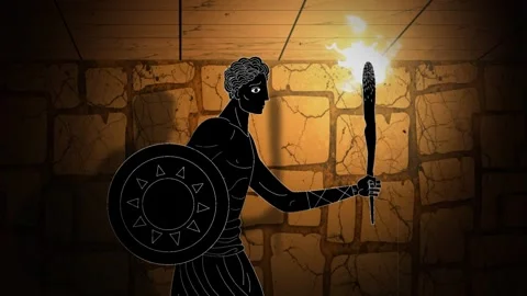 Perseus walking through the ancient labyrinth with torch in hand Vídeo Stock 342361154