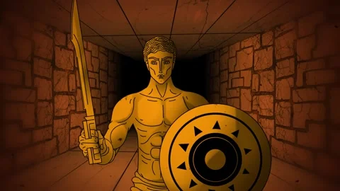 Perseus walking through the ancient labyrinth with shield and sword Stock Footage 342361172