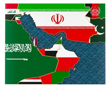 Persian Gulf map with regional flags and Strait of Hormuz route. 3D rendering Stock Illustration