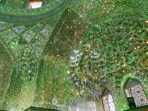 Persian interior mirror mosaic work of Shah-e-Cheragh shrine and mausoleum. Stock Photos