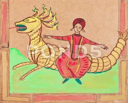 Persian prince flying on dragon Stock Illustration
