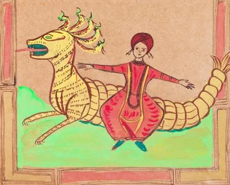 Persian prince flying on dragon Stock Illustration