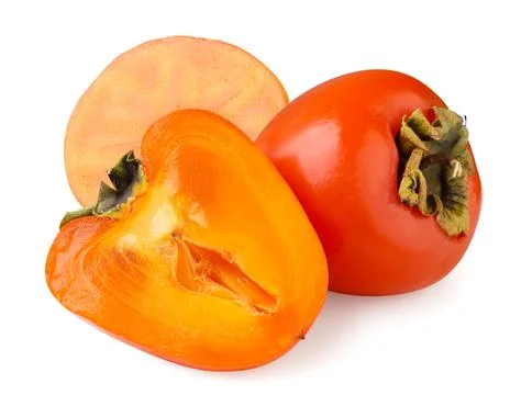 Persimmon and two halves on white background. Isolated Stock Photos
