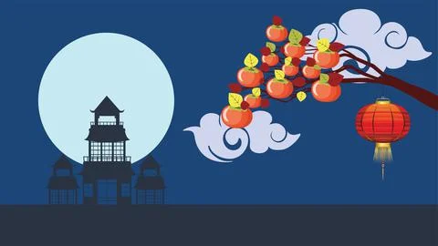 Persimmon on branch with lantern Stock Illustration