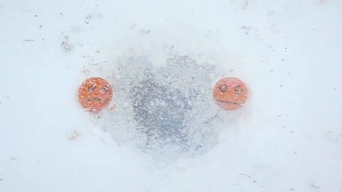 Persimmon fruit explode between two oranges with frowning faces drawn on Vídeos de archivo 84567537