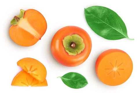 Persimmon fruit isolated on white background with full depth of field. Top view Stock Photos