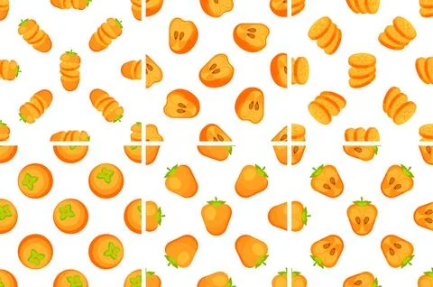 Persimmon fruit pattern showing whole, sliced and halved orange persimmons on Stock-Illustration