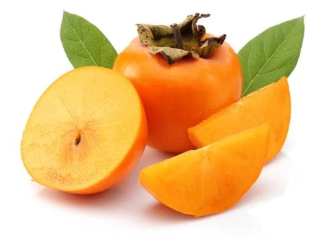 Persimmon fruit with slice and leaf isolated Stock Photos