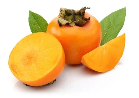 Persimmon fruit with slice and leaf isolated Stock Photos