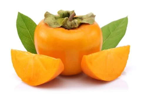Persimmon fruit with slice and leaf isolated Stock Photos