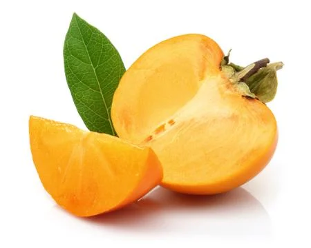 Persimmon fruit with slice and leaf isolated Stock Photos