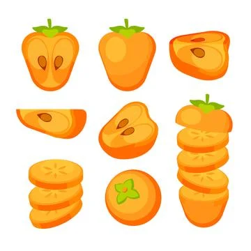 Persimmon set. Slice and whole of juicy persimmon Illustration