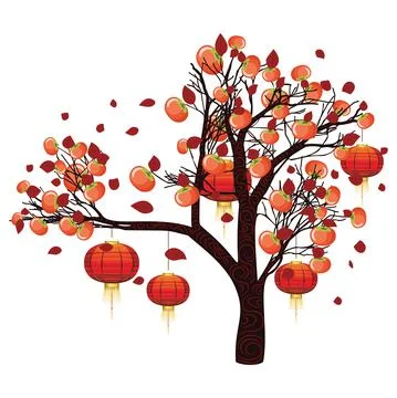 Persimmon tree with lanterns Stock Illustration