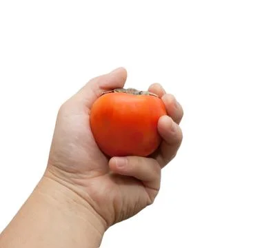 Persimmons in hand on white background Stock Photos