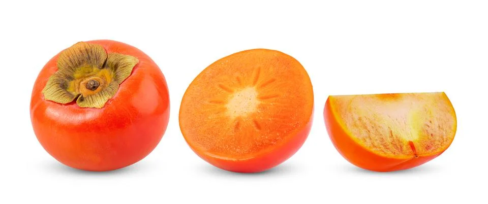 Persimmons with leaf isolated on white background Stock Photos