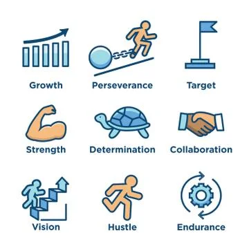 Persistence icon set w image of extreme motivation and drive set on perseveri Stock Illustration