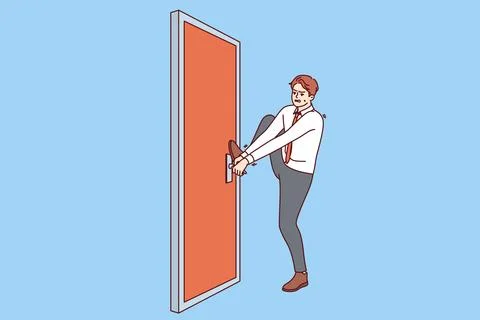 Persistent businessman is trying to open locked door, without giving up and Illustration