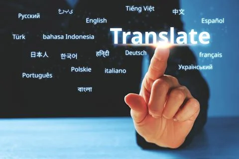 Person abstractly presses on the display with the word translate and foreign  Stock Photos