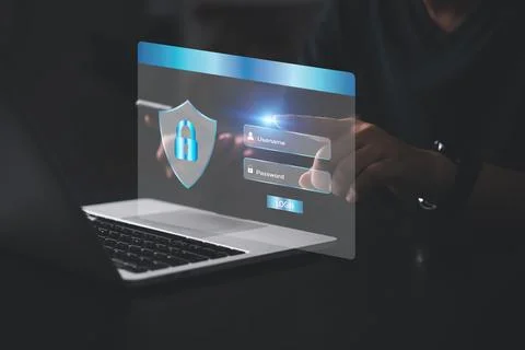 Person accessing a secured system using a virtual login screen, highlightin.. Stock Photos