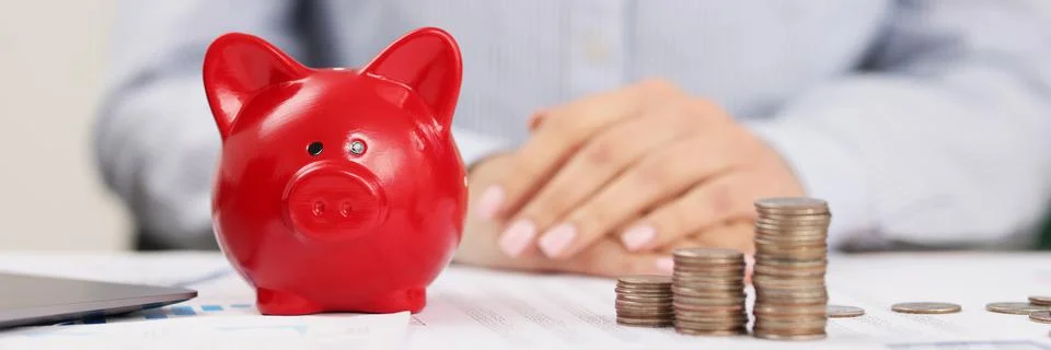 Person accountant on working place, stack of coins, red piggy bank Fotos de archivo