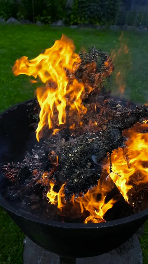 Person adding dry leaves to a burning fire pit in a garden Stock Footage 337872474