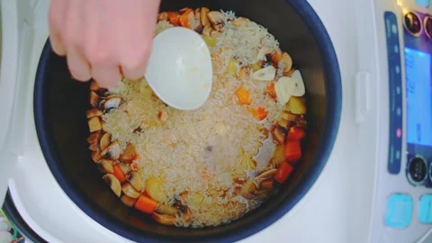 Person Adding White Liquid to Rice and Vegetables in Slow Cooker Indoors Vidéo 342860211