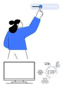 Person Adjusting Settings on Interface with ERP System Icons and Computer M.. イラスト素材