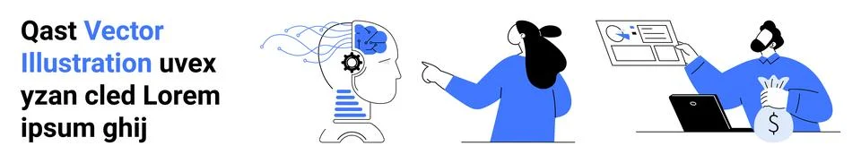 Person analyzing AI brain interface, another presenting data, and third with  Illustrazione stock
